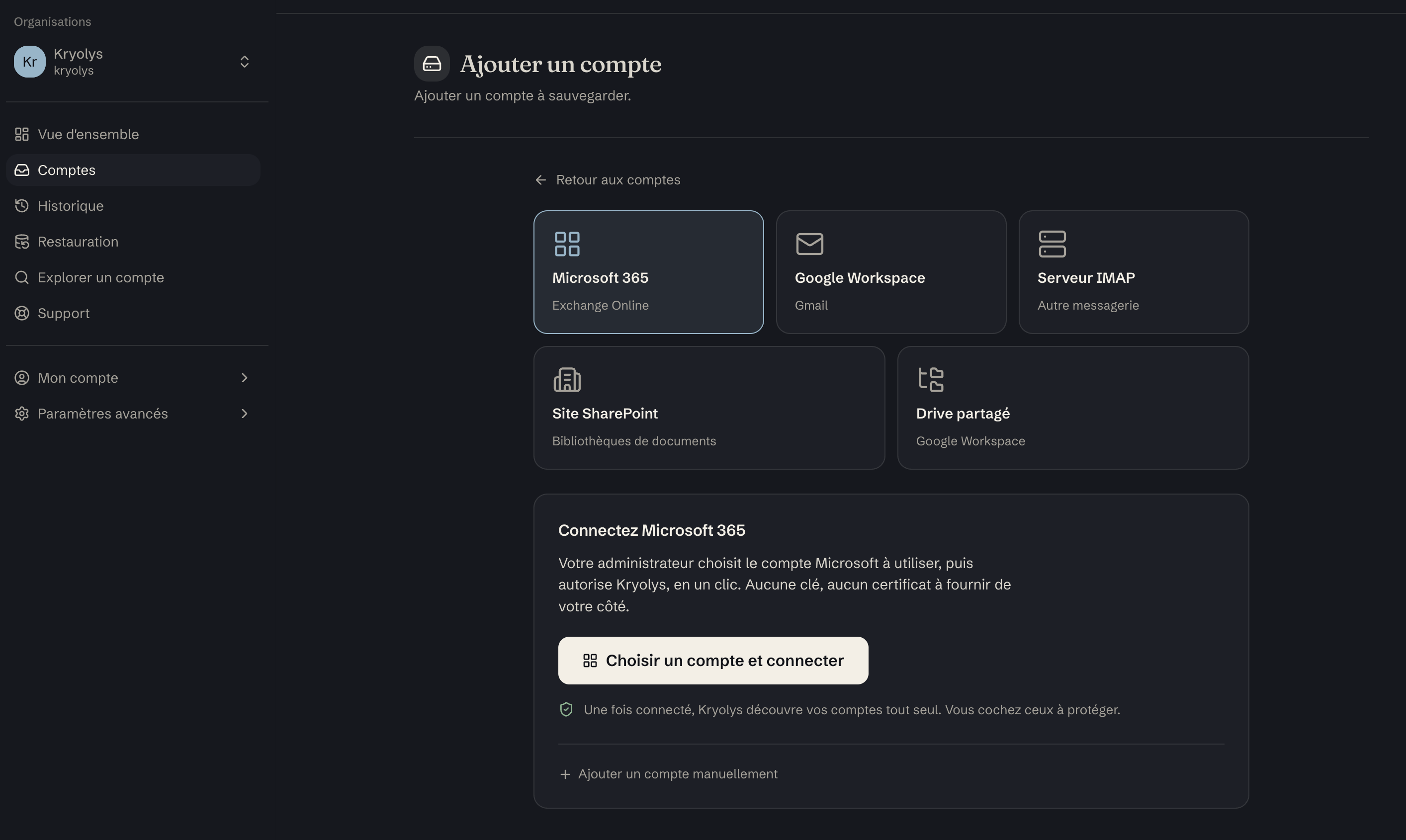 Interface Kryolys : ajout d'un compte Microsoft 365, Google Workspace ou serveur IMAP à sauvegarder.